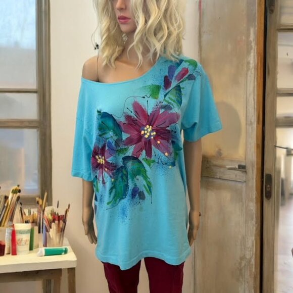 Vintage Single Stitch Hand Painted Wide Neck Blue Floral Graphic Women's T-Shirt - Picture 2 of 7